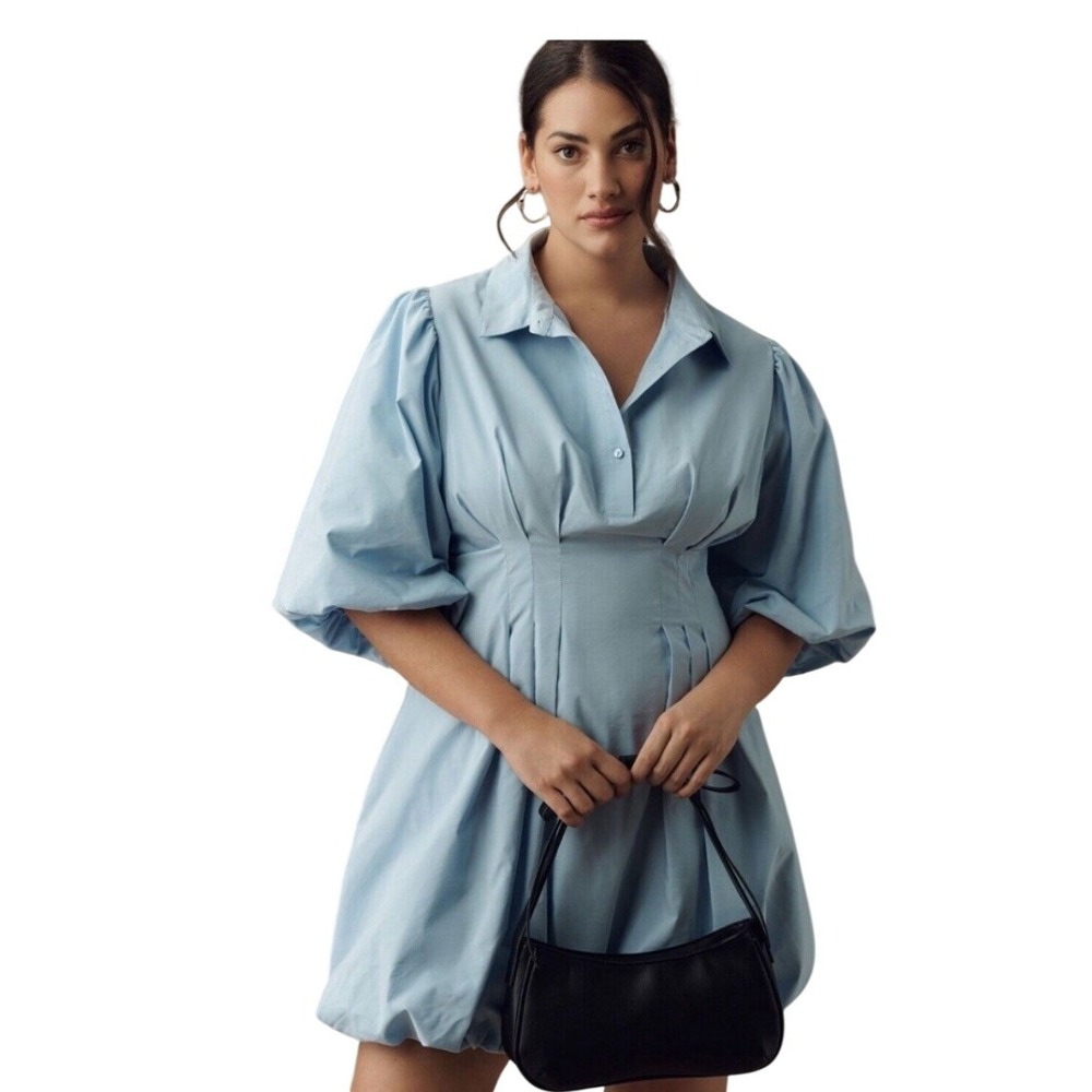 NWT Maeve Collared Bubble-Hem Mini Dress Sz M Petite Blue Puff Sleeve Smocked